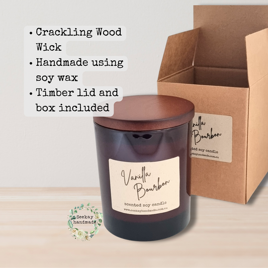Vanilla Bour bon scented Wood Wick Soy Candle Amber jar 280g with timber lid