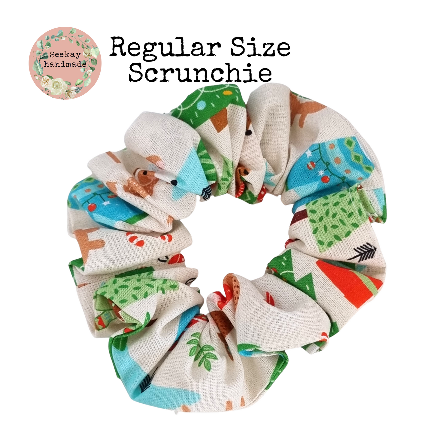Regular Scrunchie- white with christmas pattern