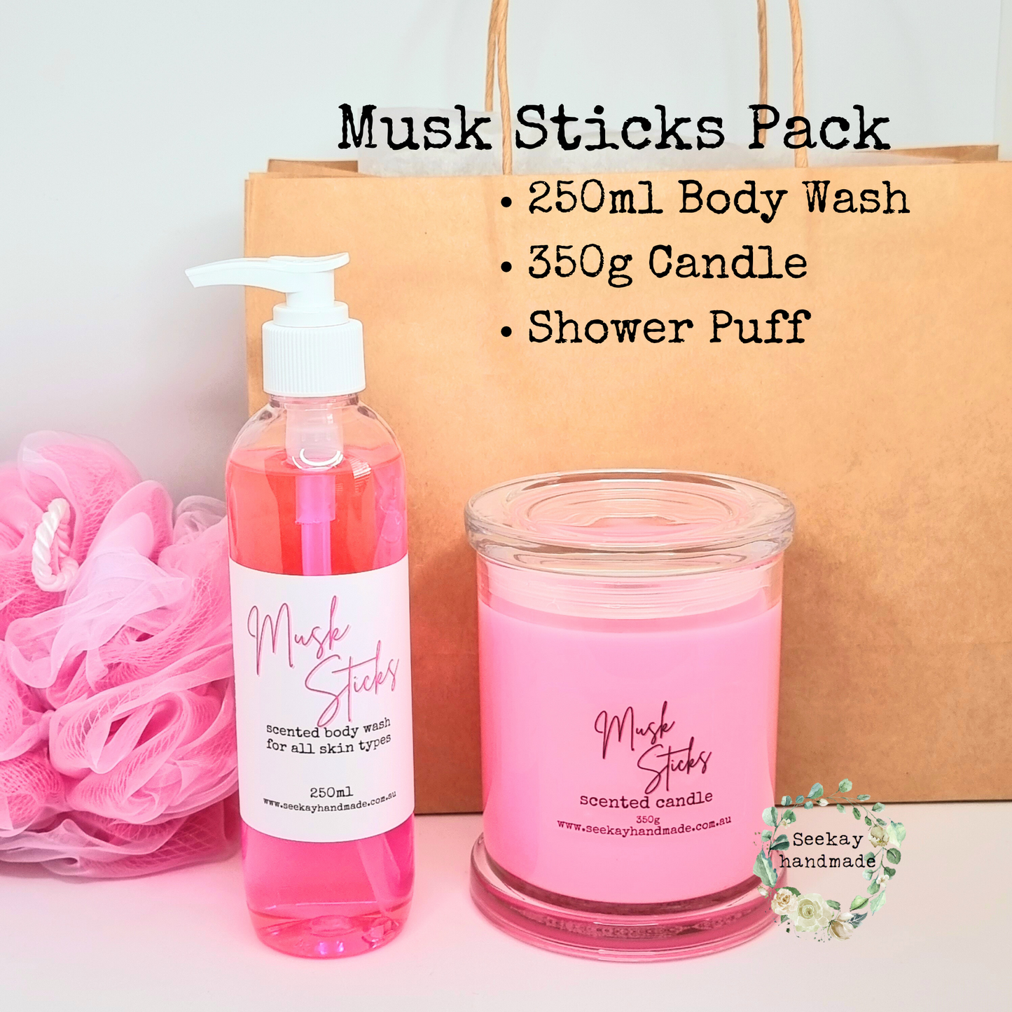 Musk Sticks Pack with Candle, scented body wash, gift idea, pamper pack