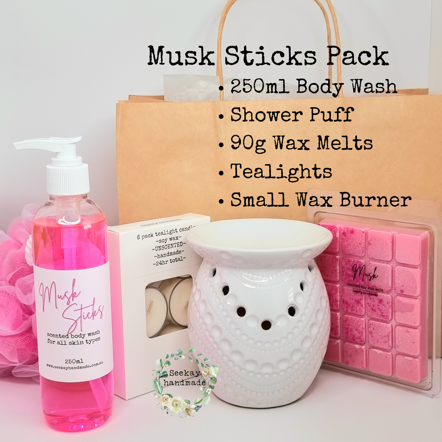 Wax Melt Pack Musk sticks scented body wash, wax melts, tealight burner, tealight candles, gift idea, pamper pack