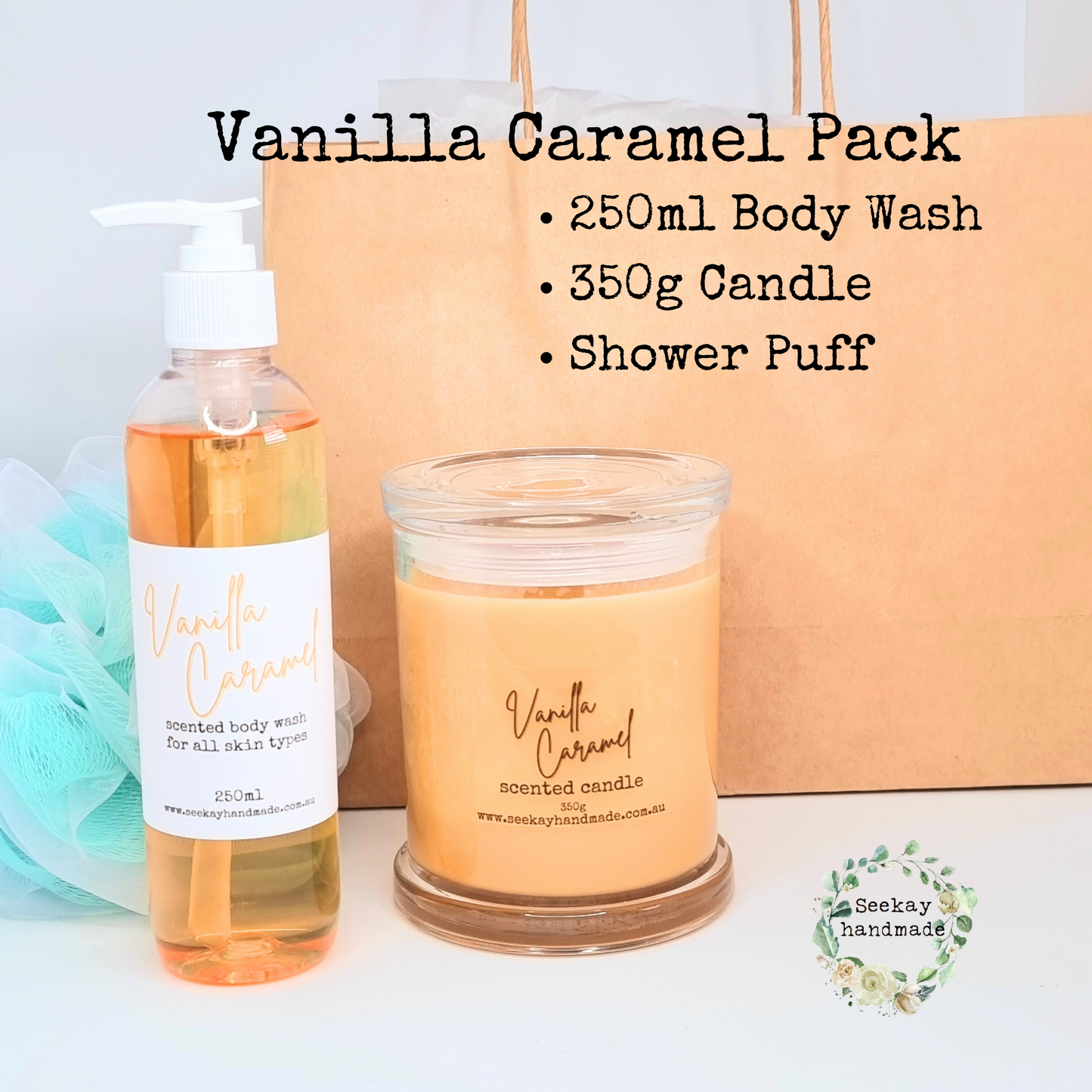 Vanilla Caramel Pack with Candle, scented body wash, gift idea, pamper pack
