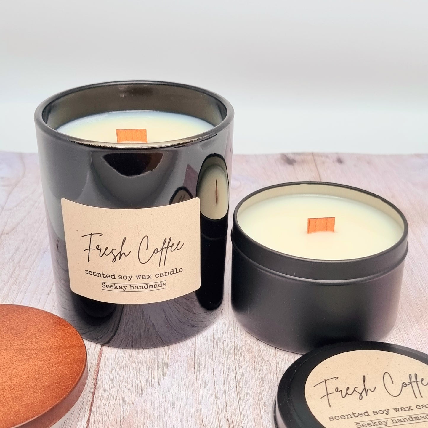 Fresh Coffee scented Wood Wick Soy Candle with timber lid