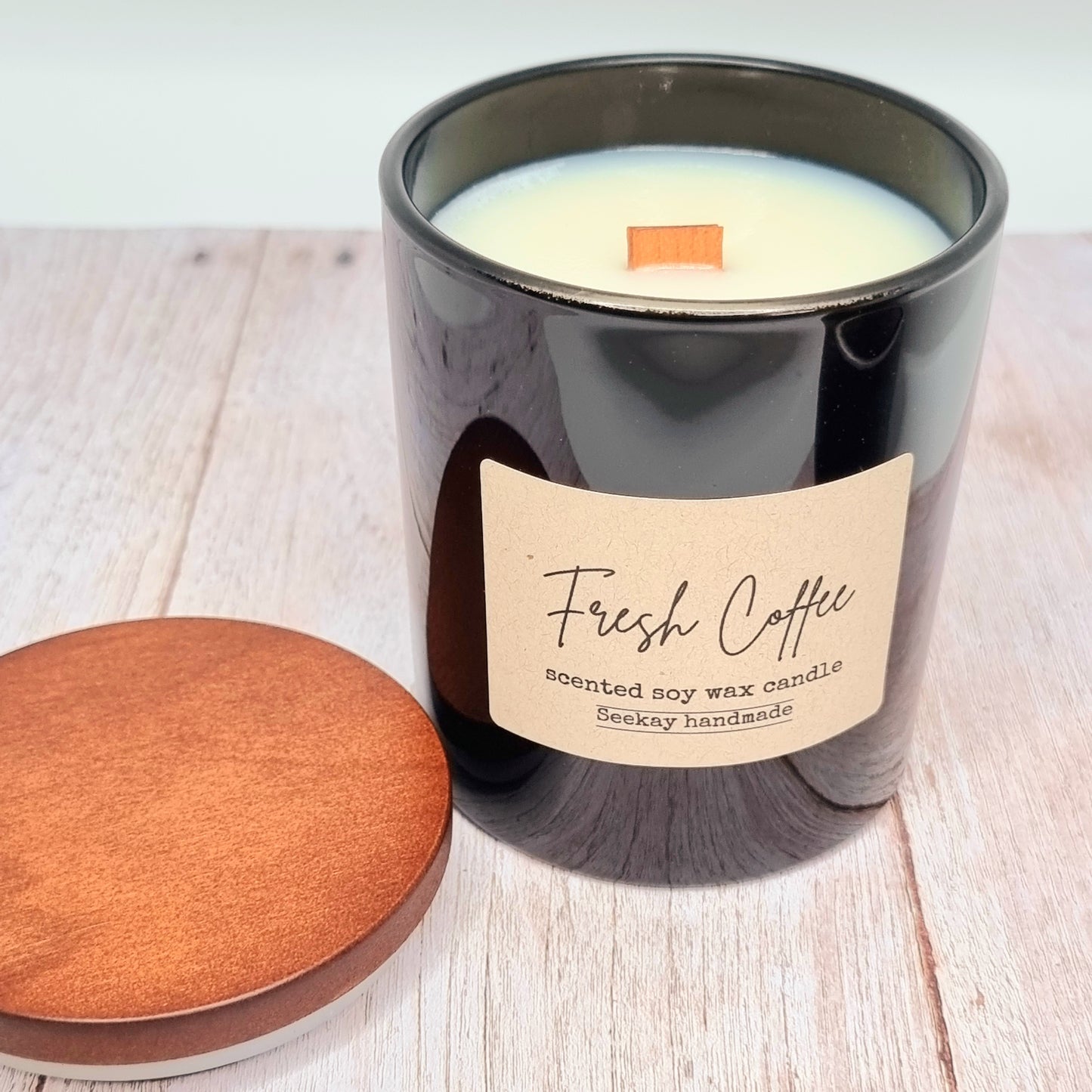 Fresh Coffee scented Wood Wick Soy Candle with timber lid